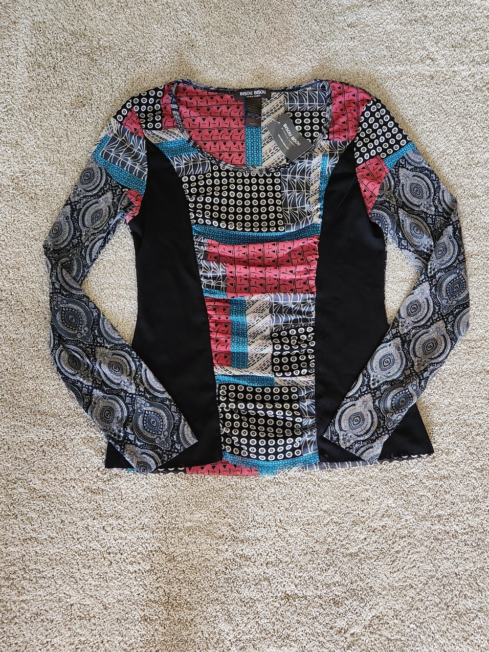 Vtg Bisou Bisou Y2K Mesh Paisley  Whimsigoth Sheer Boho Long Sleeve Top L